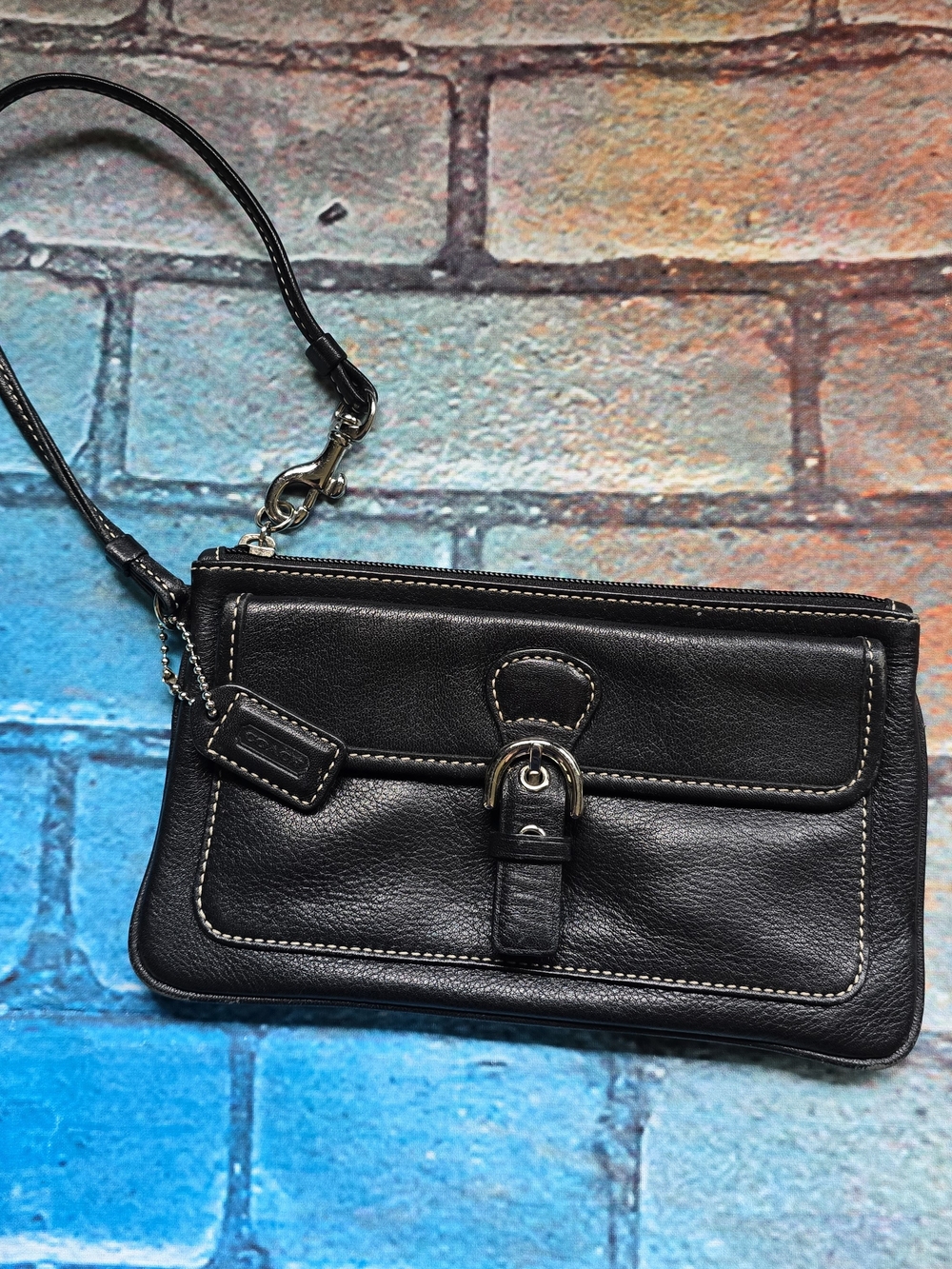 Vintage Coach Black Leather Wristlet Clutch with Buckle Accent